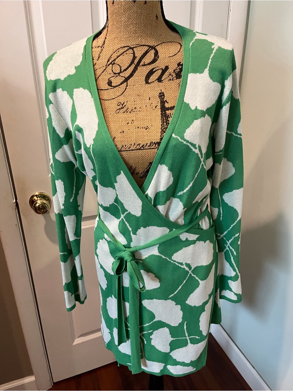 Diane Von Furstenberg Green and White Floral Wrap Top